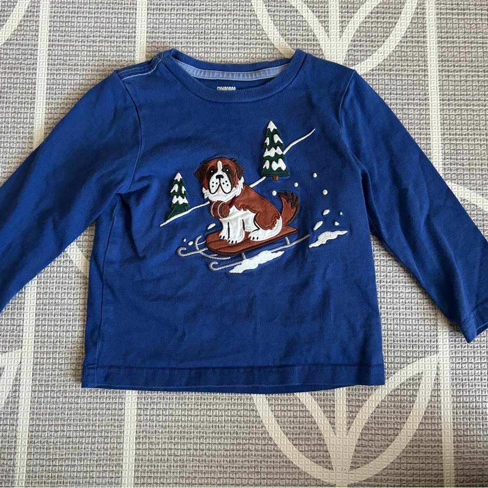 Gymboree Blue Long Sleeve Tee with Dog and Snow Design